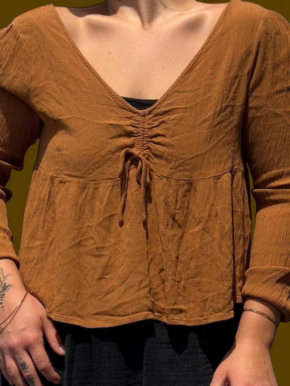 Oniell Rust Brown Long-Sleeve V-Neck Ruched Peplum Top